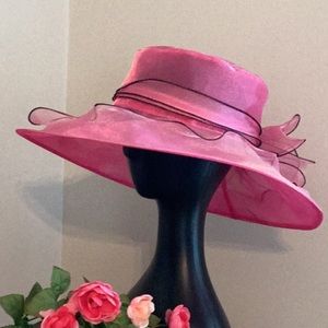 Elegant Hot Pink and Black Trim Organza Wide Brim Sun Hat Facinator